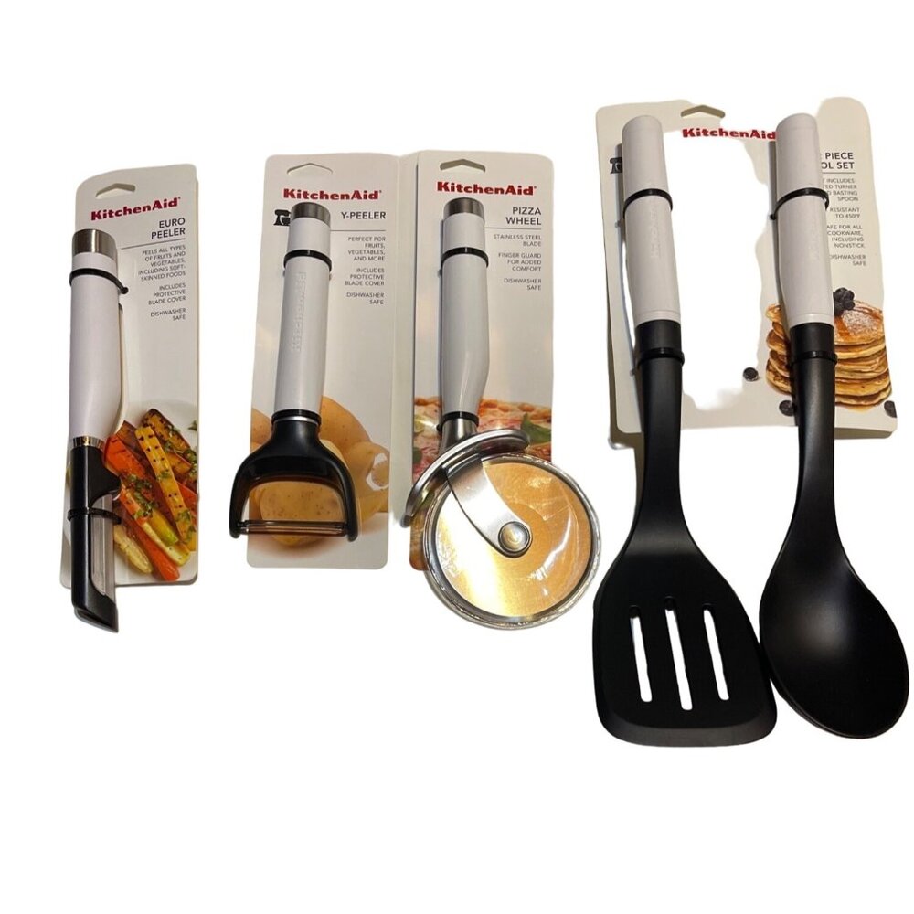 Kitchenaid White Slotted Turner BastingSpoon Euro Peeler Y-Peeler & Pizza Cutter